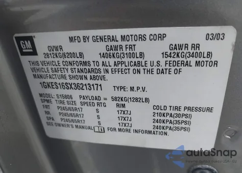 2003 GMC Envoy Xl Sle z USA, uszkodzony, nr VIN 1GKES16SX36213171